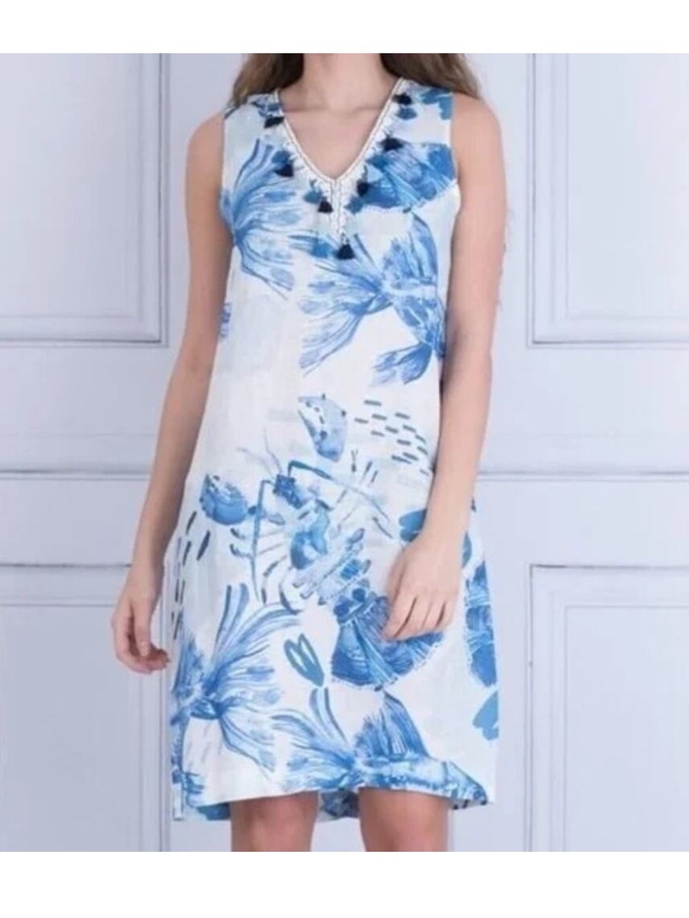 VILAGALLO Iris 100% Linen Tasseled Blue & White Fish Print Dress Size 44